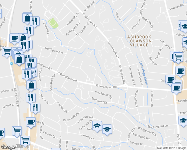 map of restaurants, bars, coffee shops, grocery stores, and more near 4300 Darwin Circle in Charlotte