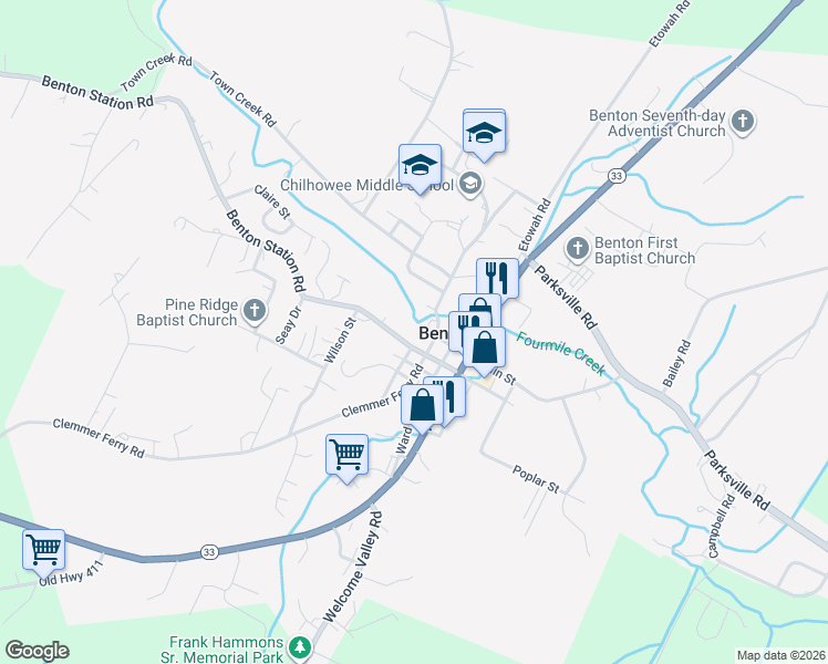 map of restaurants, bars, coffee shops, grocery stores, and more near 1775 Benton Station Road in Benton