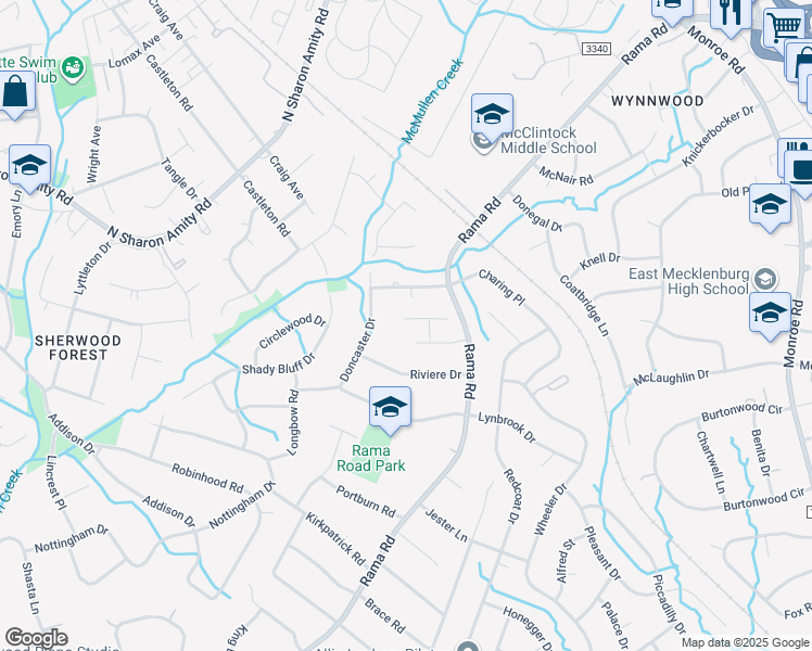 map of restaurants, bars, coffee shops, grocery stores, and more near 1261 Realta Drive in Charlotte