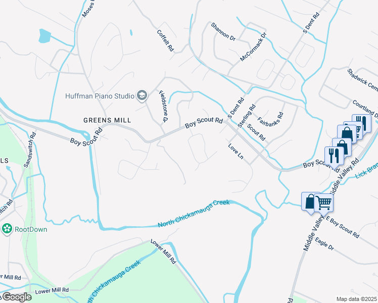 map of restaurants, bars, coffee shops, grocery stores, and more near 7143 Crestfield Circle in Middle Valley