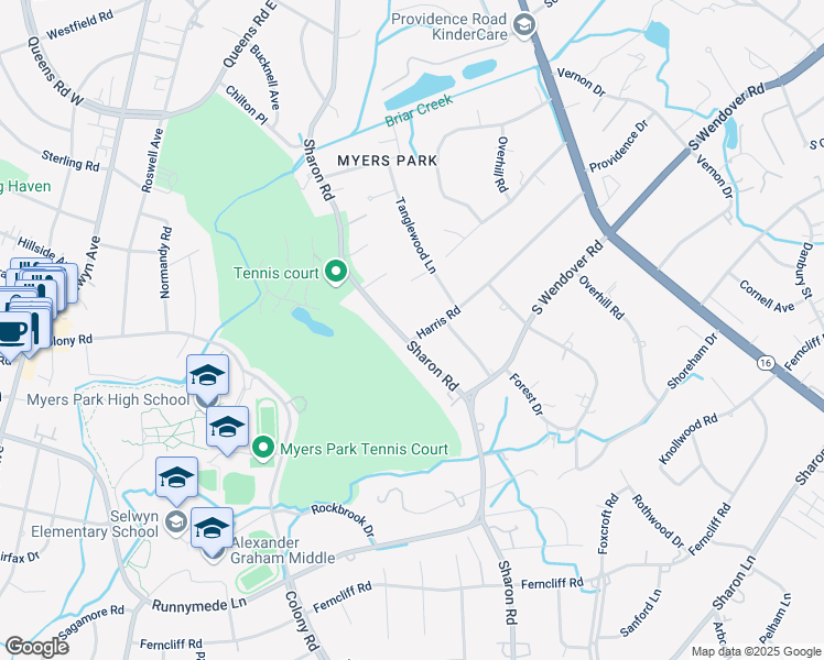 map of restaurants, bars, coffee shops, grocery stores, and more near 2112 Harris Road in Charlotte