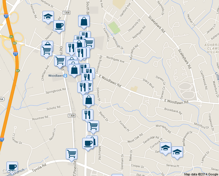 map of restaurants, bars, coffee shops, grocery stores, and more near 530 East Woodlawn Road in Charlotte