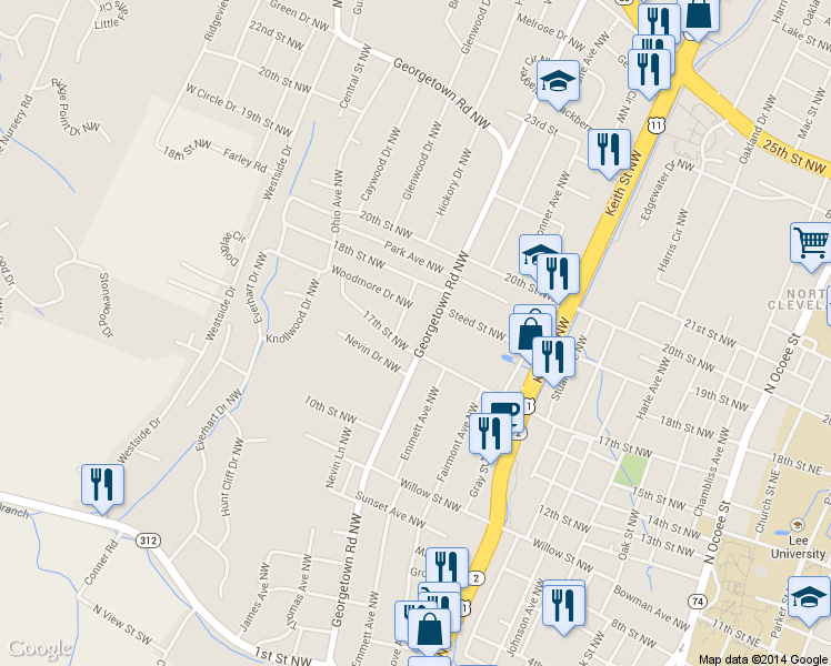 map of restaurants, bars, coffee shops, grocery stores, and more near 1713 Georgetown Road Northwest in Cleveland