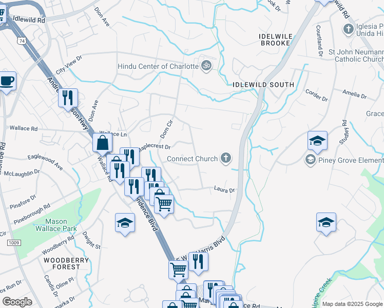 map of restaurants, bars, coffee shops, grocery stores, and more near 7701 Wallace Lane in Charlotte
