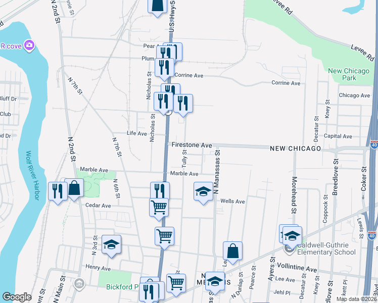 map of restaurants, bars, coffee shops, grocery stores, and more near 664 Firestone Avenue in Memphis