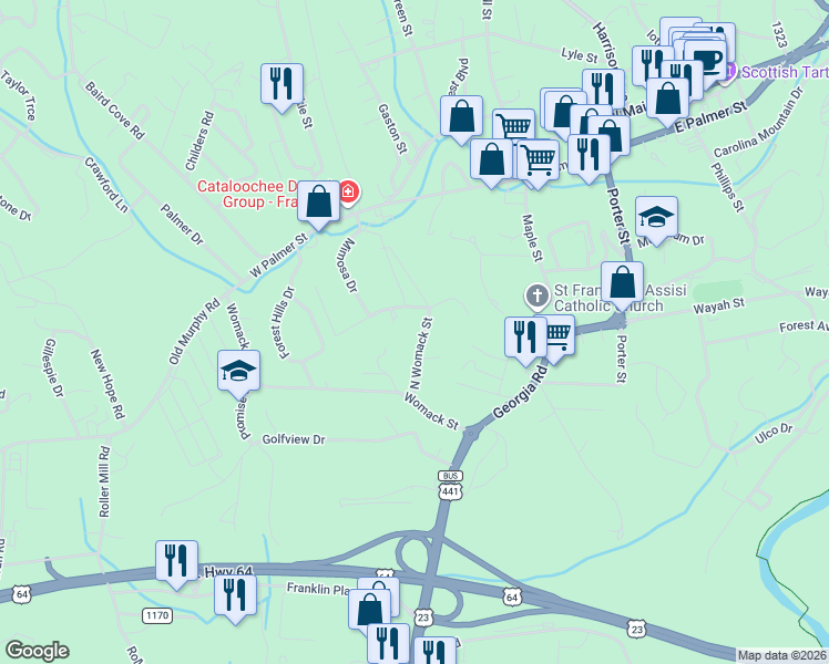 map of restaurants, bars, coffee shops, grocery stores, and more near 197 North Womack Street in Franklin