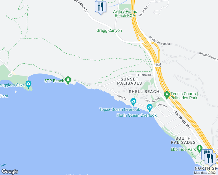 map of restaurants, bars, coffee shops, grocery stores, and more near 416 Indio Drive in Pismo Beach