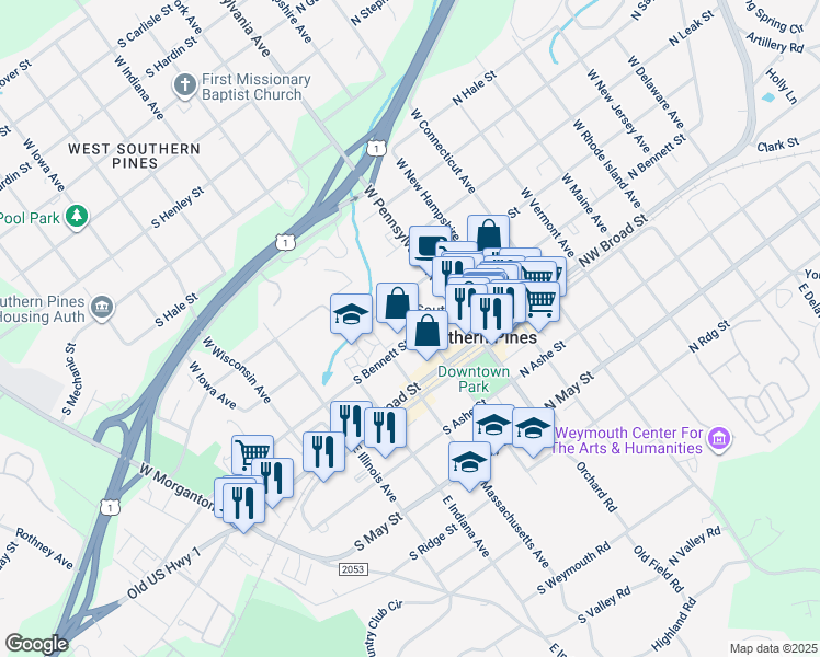 map of restaurants, bars, coffee shops, grocery stores, and more near 210 South Bennett Street in Southern Pines