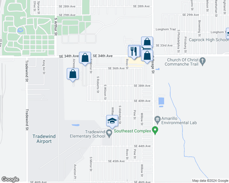 map of restaurants, bars, coffee shops, grocery stores, and more near 3807 South Williams Street in Amarillo