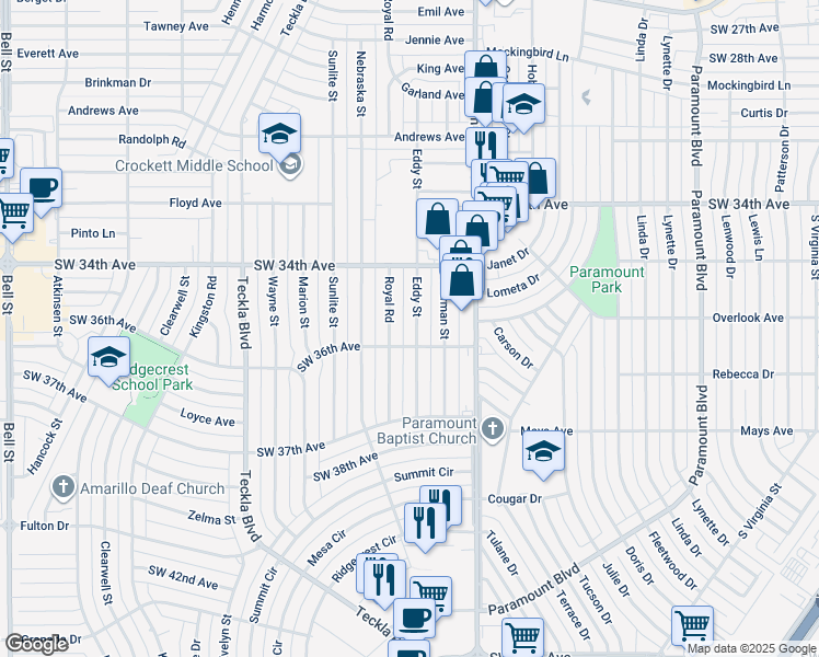 map of restaurants, bars, coffee shops, grocery stores, and more near 3420 Eddy Street in Amarillo