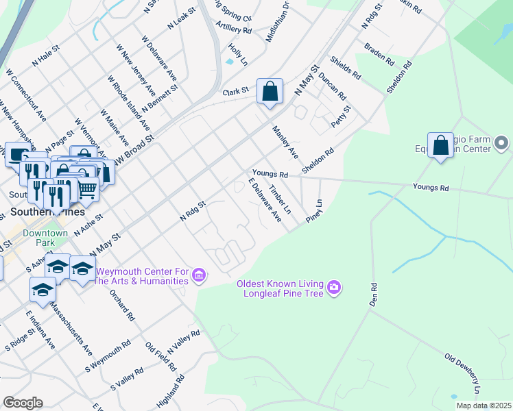 map of restaurants, bars, coffee shops, grocery stores, and more near 26 South Shibui Road in Southern Pines