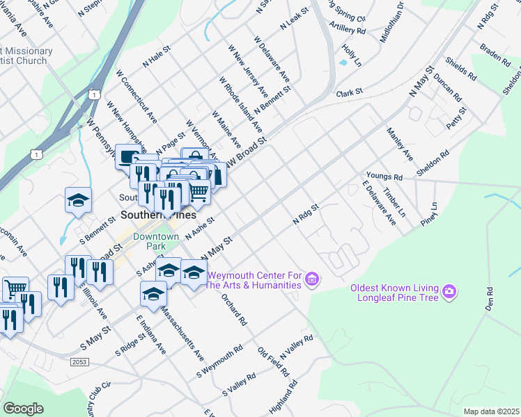 map of restaurants, bars, coffee shops, grocery stores, and more near 420 North May Street in Southern Pines