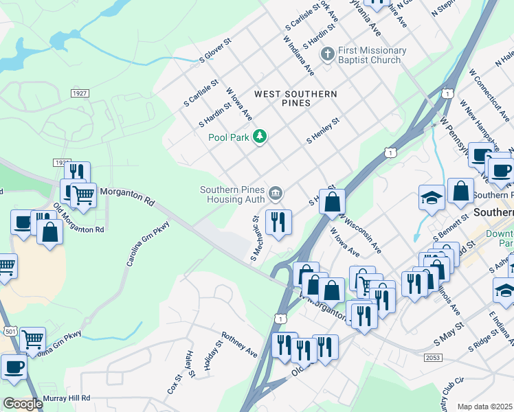 map of restaurants, bars, coffee shops, grocery stores, and more near 806 South Mechanic Street in Southern Pines