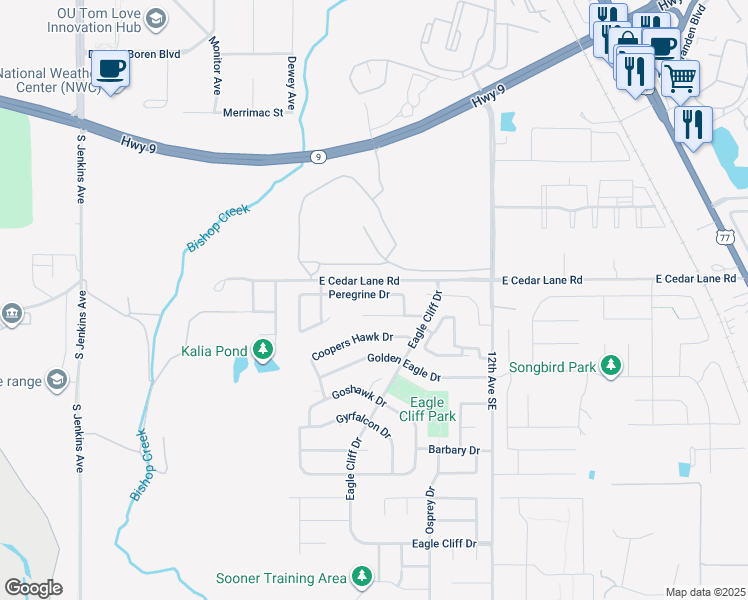map of restaurants, bars, coffee shops, grocery stores, and more near 808 Peregrine Drive in Norman