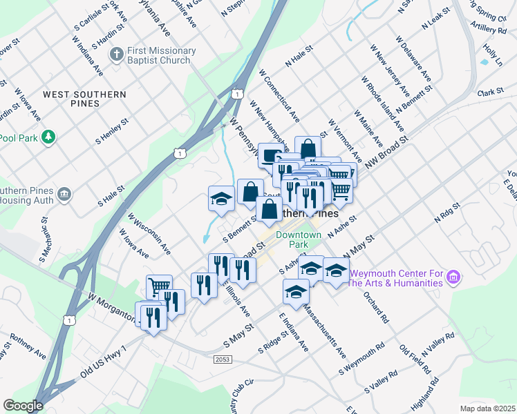 map of restaurants, bars, coffee shops, grocery stores, and more near 210 South Bennett Street in Southern Pines