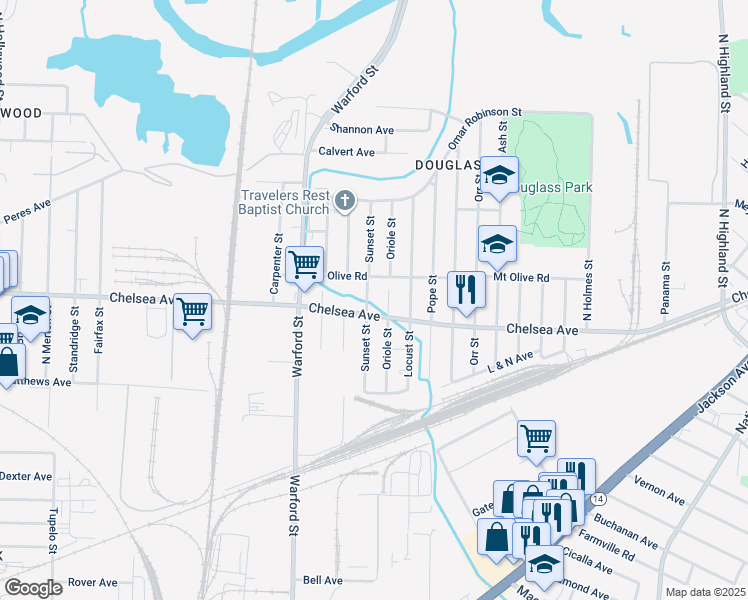 map of restaurants, bars, coffee shops, grocery stores, and more near 3021 Mount Olive Road in Memphis