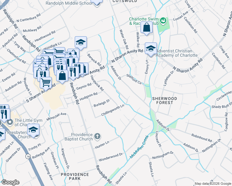 map of restaurants, bars, coffee shops, grocery stores, and more near 4827 Gaynor Road in Charlotte