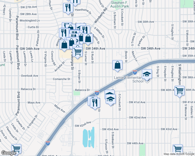 map of restaurants, bars, coffee shops, grocery stores, and more near 3514 South Austin Street in Amarillo
