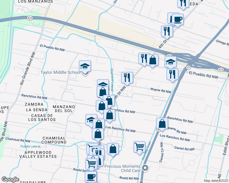 map of restaurants, bars, coffee shops, grocery stores, and more near 8221 4th Street Northwest in Los Ranchos de Albuquerque