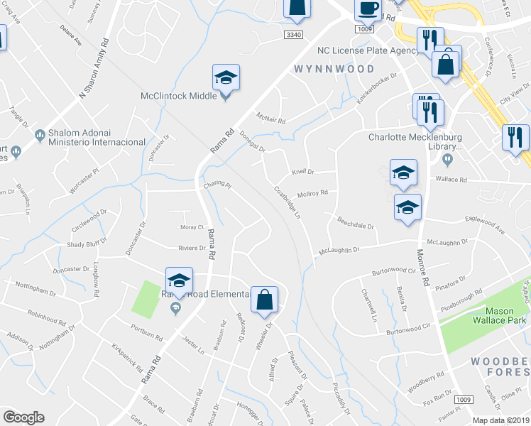 map of restaurants, bars, coffee shops, grocery stores, and more near 5916 Coatbridge Lane in Charlotte