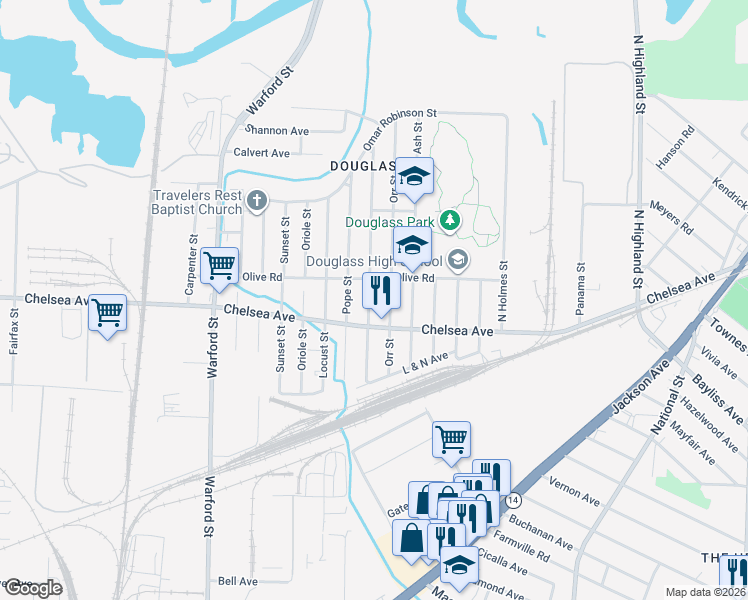 map of restaurants, bars, coffee shops, grocery stores, and more near 1565 Orr Street in Memphis