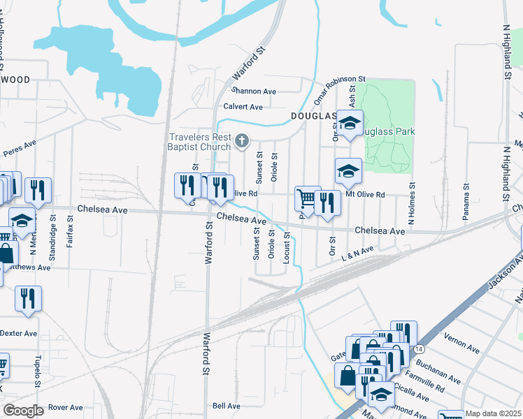 map of restaurants, bars, coffee shops, grocery stores, and more near 3021 Mount Olive Road in Memphis