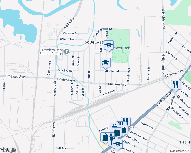 map of restaurants, bars, coffee shops, grocery stores, and more near 1565 Orr Street in Memphis