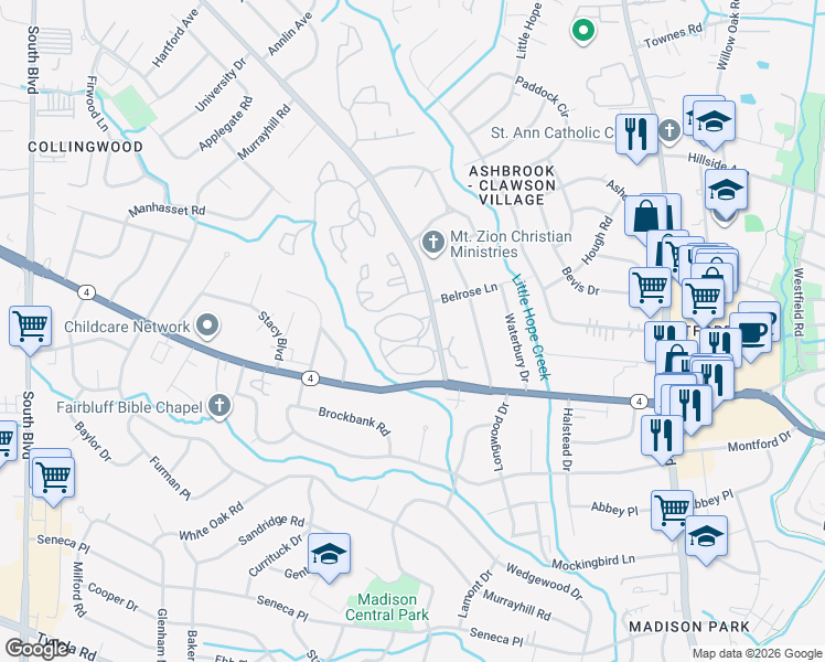 map of restaurants, bars, coffee shops, grocery stores, and more near 1116 Scaleybark Road in Charlotte