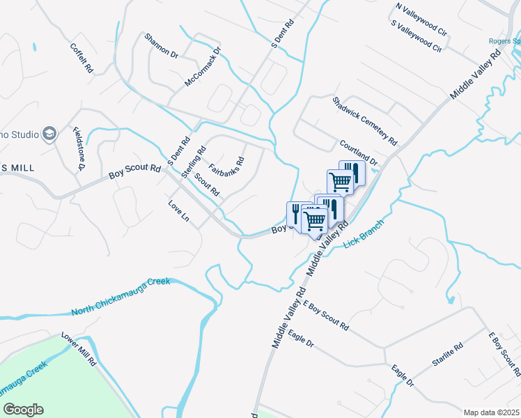 map of restaurants, bars, coffee shops, grocery stores, and more near 1437 Boy Scout Road in Middle Valley
