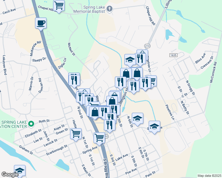 map of restaurants, bars, coffee shops, grocery stores, and more near 625 Eva Circle in Spring Lake