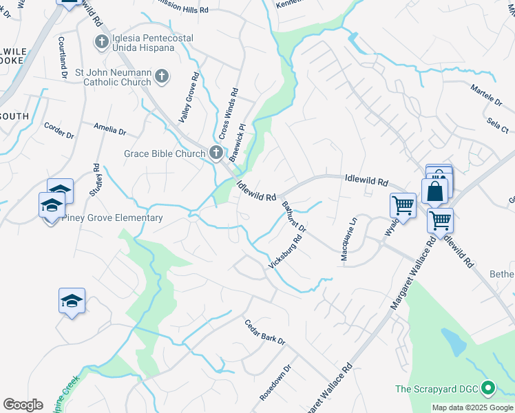 map of restaurants, bars, coffee shops, grocery stores, and more near 9022 Idlewild Road in Charlotte