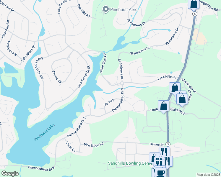 map of restaurants, bars, coffee shops, grocery stores, and more near 250 Sugar Gum Lane in Pinehurst