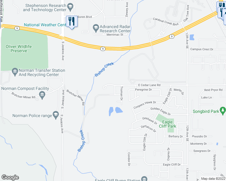 map of restaurants, bars, coffee shops, grocery stores, and more near 3612 Glendale Drive in Norman