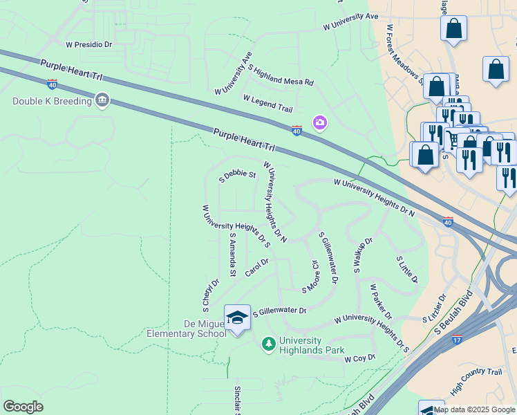 map of restaurants, bars, coffee shops, grocery stores, and more near 1645 West University Heights Drive North in Flagstaff