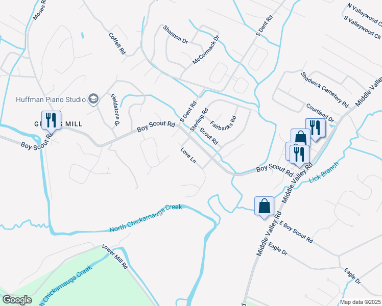 map of restaurants, bars, coffee shops, grocery stores, and more near 6916 Love Lane in Middle Valley