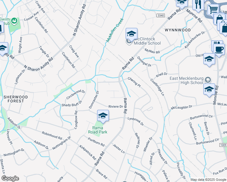 map of restaurants, bars, coffee shops, grocery stores, and more near Realta Drive in Charlotte