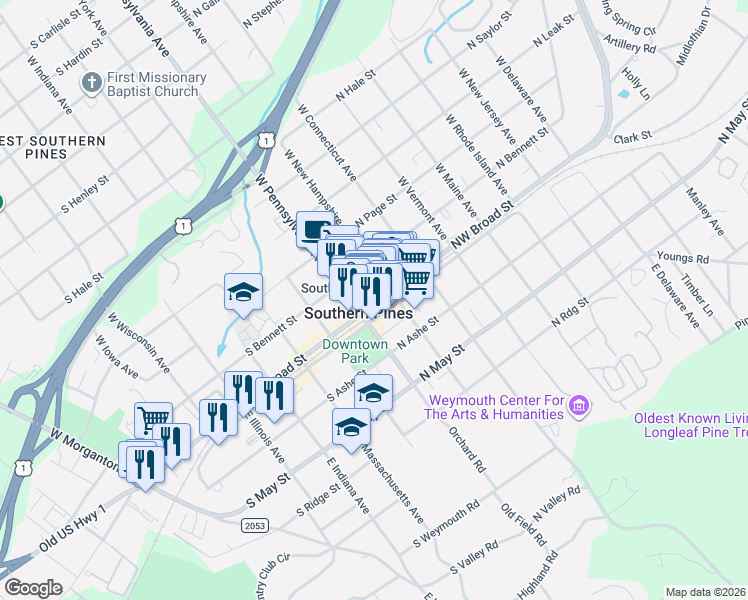 map of restaurants, bars, coffee shops, grocery stores, and more near 148 Northwest Broad Street in Southern Pines