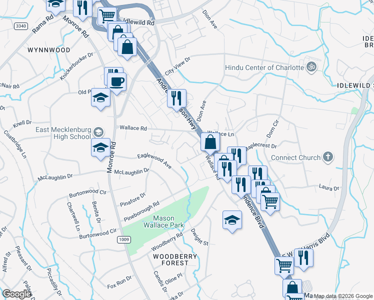 map of restaurants, bars, coffee shops, grocery stores, and more near in Charlotte