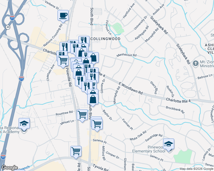 map of restaurants, bars, coffee shops, grocery stores, and more near 4716 Gilmore Drive in Charlotte