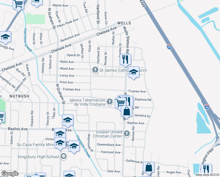 map of restaurants, bars, coffee shops, grocery stores, and more near 1593 Walter Street in Memphis