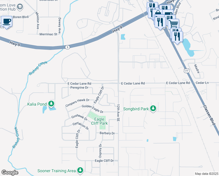 map of restaurants, bars, coffee shops, grocery stores, and more near 1013 Merlin Drive in Norman