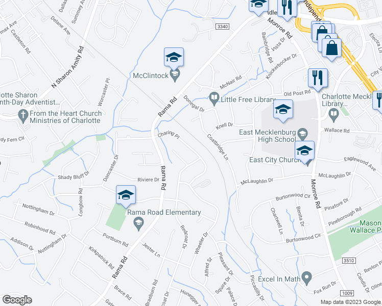 map of restaurants, bars, coffee shops, grocery stores, and more near 5930 Charing Place in Charlotte