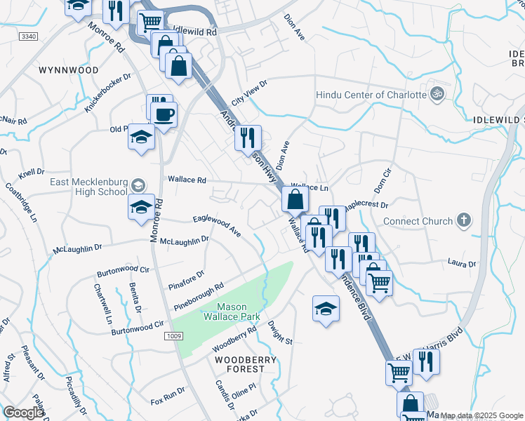 map of restaurants, bars, coffee shops, grocery stores, and more near 7200 Wallace Road in Charlotte