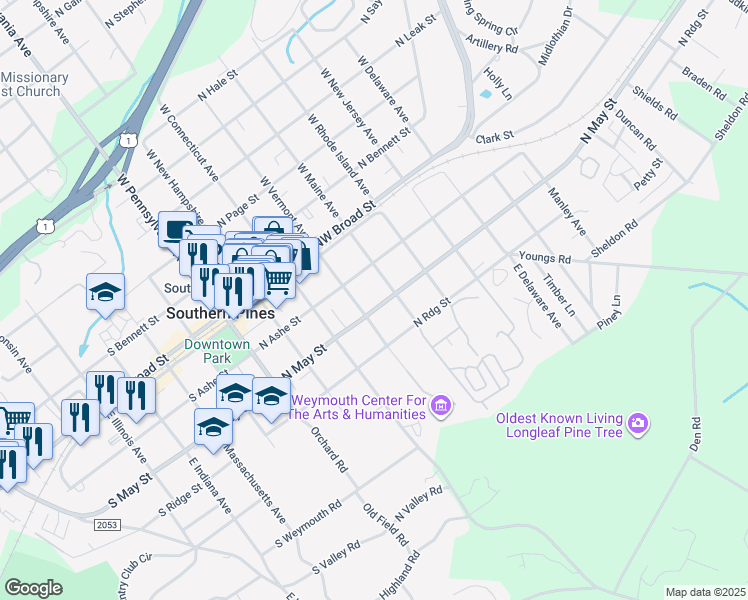 map of restaurants, bars, coffee shops, grocery stores, and more near 477 North Ashe Street in Southern Pines