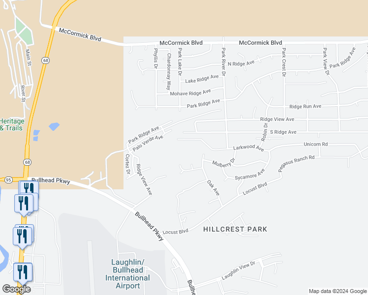 map of restaurants, bars, coffee shops, grocery stores, and more near 3020 Larkwood Avenue in Bullhead City