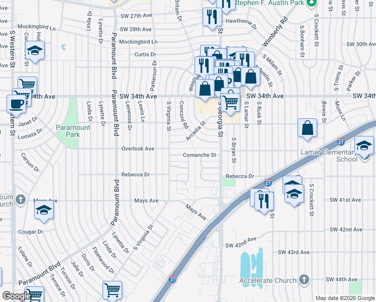 map of restaurants, bars, coffee shops, grocery stores, and more near 2911 Arcadia Road in Amarillo