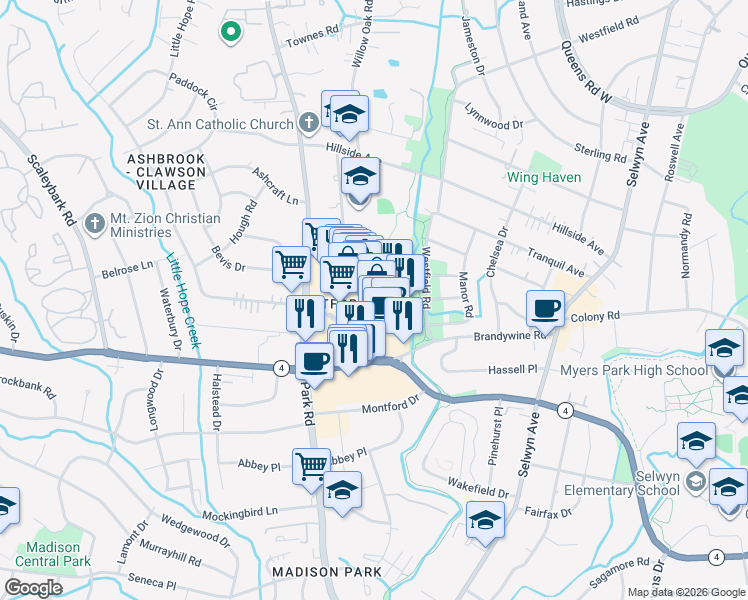 map of restaurants, bars, coffee shops, grocery stores, and more near 4225 Park Road Shopping Center in Charlotte