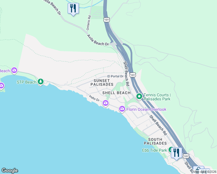 map of restaurants, bars, coffee shops, grocery stores, and more near 175 Miramar Lane in Pismo Beach