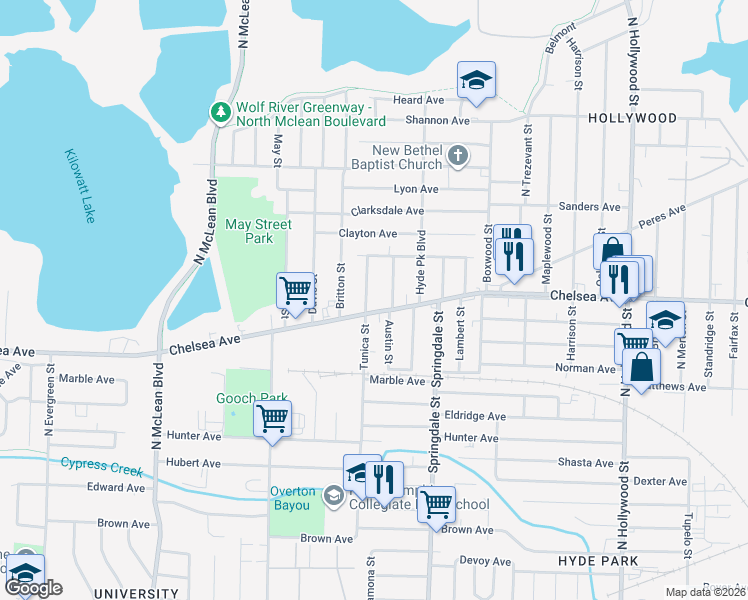 map of restaurants, bars, coffee shops, grocery stores, and more near 1410 Tunica Street in Memphis