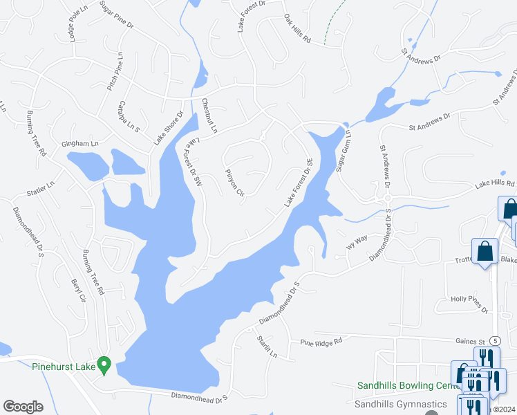 map of restaurants, bars, coffee shops, grocery stores, and more near 4 Holly Knoll Court in Pinehurst
